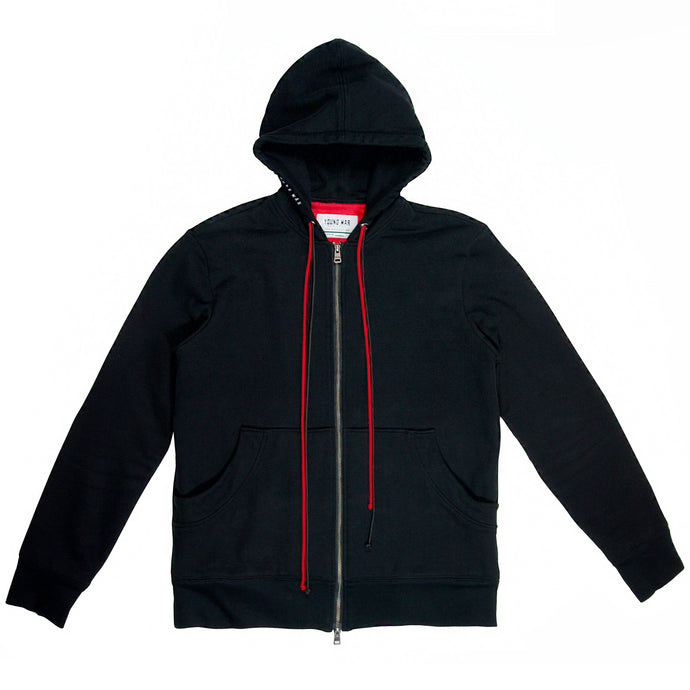 Black classic hoodie neck luxury fashion Cotton hoodie front view red lace and red slick lining